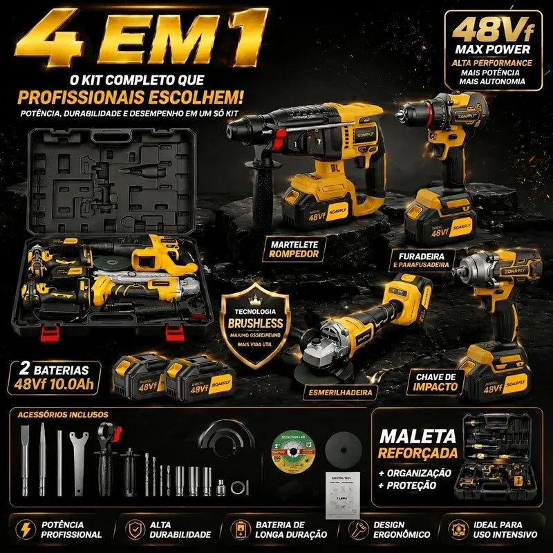 Kit de Ferramentas Sem Fio 4 em 1 48Vf SOARFLY Brushless com 2 Baterias