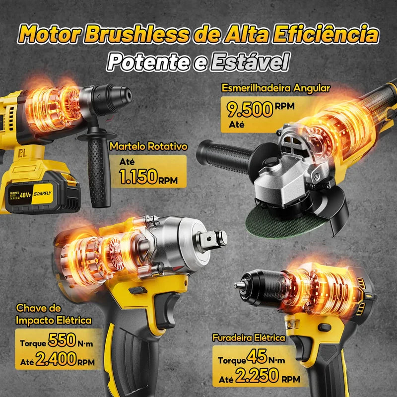 Kit de Ferramentas Sem Fio 4 em 1 48Vf SOARFLY Brushless com 2 Baterias